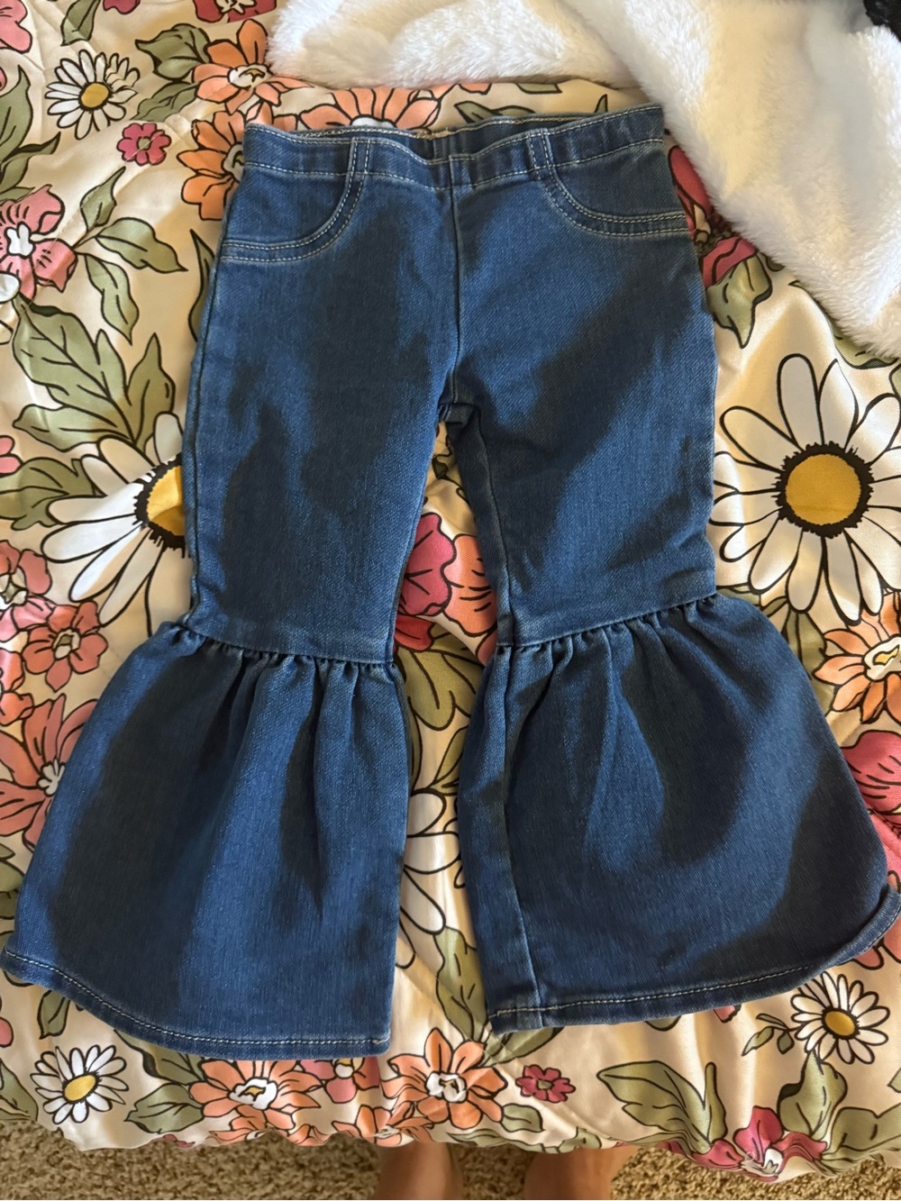 Unbranded Girls' Blue Denim Bell-Bottom Ruffle Pants